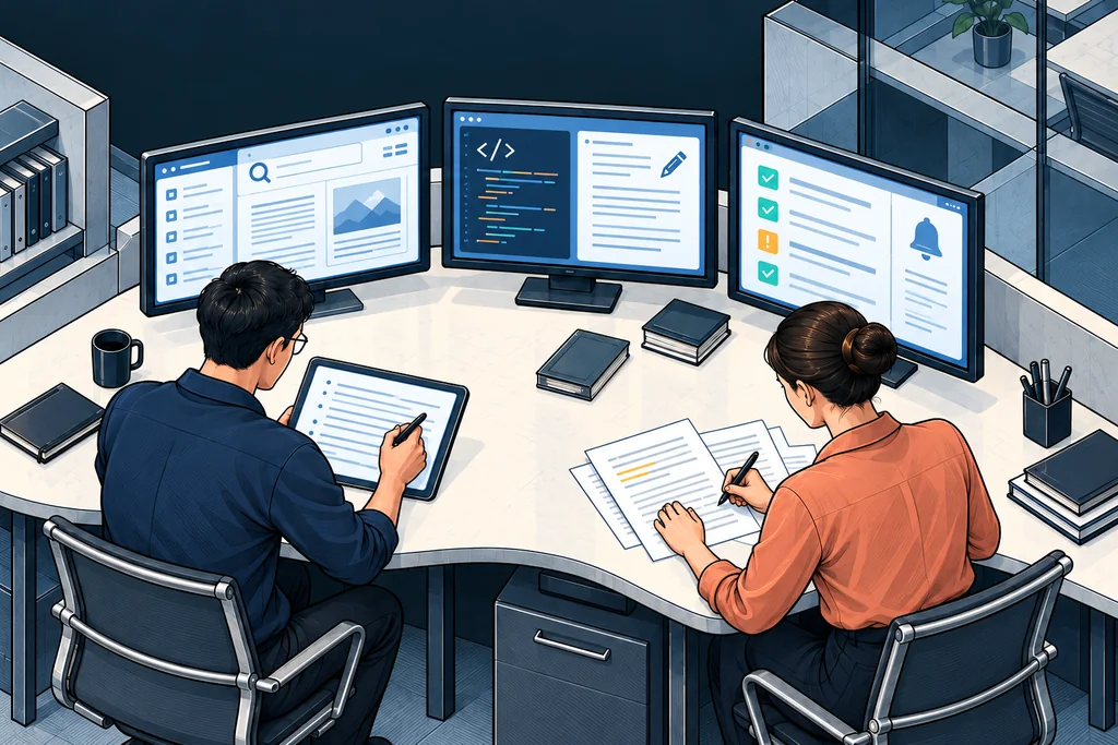 Two people define a brief and review work. Three screens represent research with a search symbol, production with code and a pencil, and monitoring with a checklist and alerts.