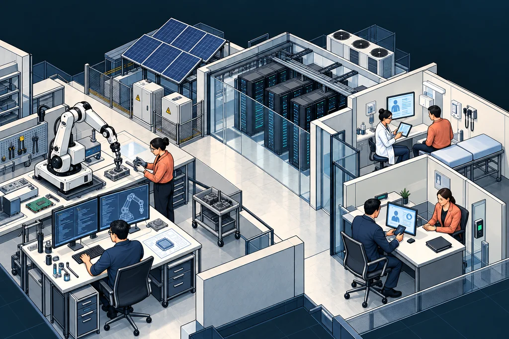 Illustrated cutaway: robotics and software on the left, energy and computing infrastructure in the centre, health and financial services on the right.
